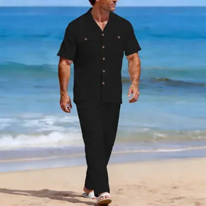 Ensemble de loisirs pour hommes en lin noir respirant avec chemise courte et pantalon