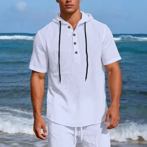 Men's Linen Blend Short Sleeve Hooded Henley Shirt Casual Beach T-Shirt Solid Color Breathable Summer Top