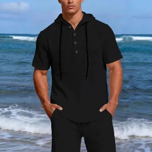 Casual men's black linen short sleeve hooded shirt and shorts set for beach vacation