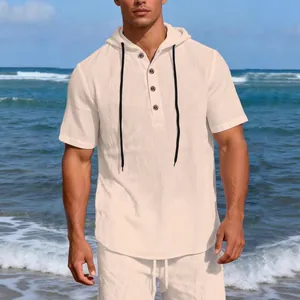 Comfortable men's summer linen hooded short sleeve shirt in cream for beach vacations
