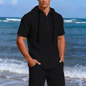 Men's black linen short sleeve hooded shirt for casual beach wear