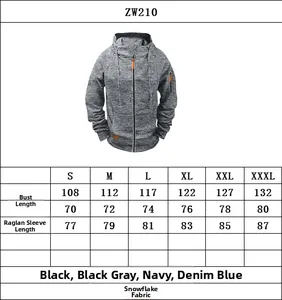 Comprehensive size chart for men's hooded zip-up sports sweatshirt with detailed measurements