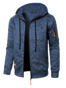 Men's blue jacquard hooded sweatshirt featuring zip-up front and orange accents
