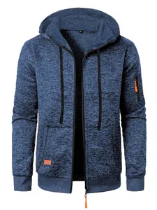 Close-up detail of blue marled knit zip-up hoodie for men featuring orange accents