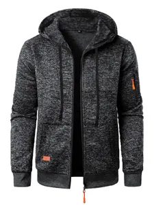 Detailed view of a dark grey heather knit men's hooded cardigan with orange accents