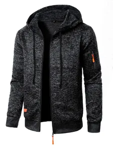 Detailed view of men's athletic hooded knit cardigan with orange accents