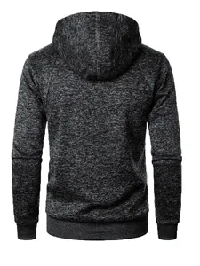Back view of a men's dark grey heathered knit hoodie with a clean white background.