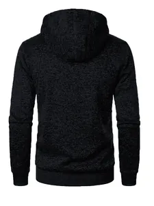 Back view of men's hooded sweatshirt jacket with black heathered jacquard texture