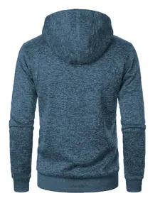Detailed back view of a men's blue heathered jacquard knit hooded jacket