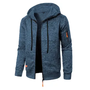Men's Marl Heathered Full Zip Hoodie Jacket With Sleeve Pocket Contrast Orange Trim Long Sleeve Casual Hooded Sweatshirt