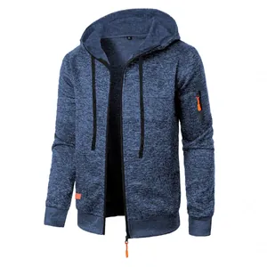 Men's blue jacquard knit zip-up hoodie jacket featuring contrast orange zipper pulls
