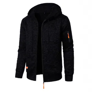Men's casual black jacquard hooded cardigan with front zipper and orange accents.