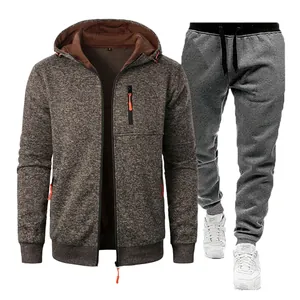 Men's brown jacquard zip-up hoodie and grey sweatpants set for casual sports and fitness