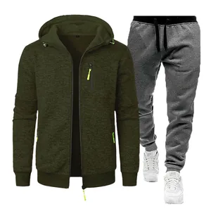 Men's two-piece sports set featuring an olive green hooded jacket and grey joggers.