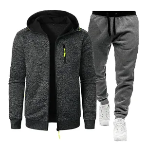 Men's grey jacquard knit tracksuit set with hooded zip-up jacket and joggers