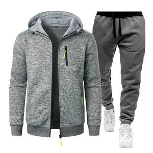 Men's grey heathered jogging suit including zip-up hoodie and drawstring sweatpants