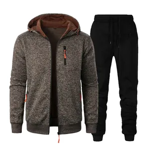 Men's sports tracksuit featuring a brown jacquard hooded jacket and black jogger pants
