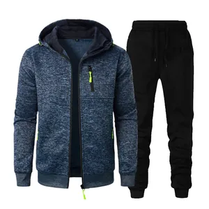 Men's jacquard knit sports set featuring a blue hooded jacket and black joggers
