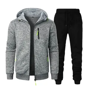 Men's two-piece sports tracksuit set featuring a grey hooded jacket and black pants