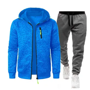 Men's blue textured hooded sweatshirt and grey jogger sweatpants two-piece sports set