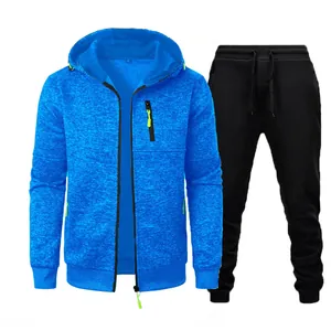 Men's blue textured hooded sweatshirt and black joggers casual sports tracksuit set