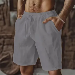 Men's Casual Cotton Linen Shorts Summer Breathable Elastic Drawstring Waist 5-Point Shorts With Pockets For Daily Beach Vacation