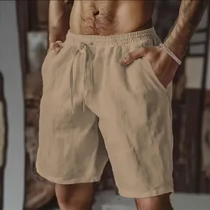 Men's breathable cotton linen shorts in solid khaki color with drawstring waist