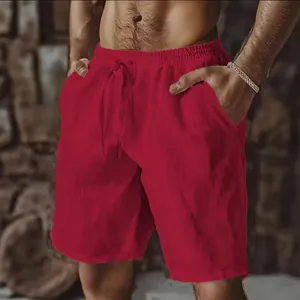 Men's trendy red cotton linen leisure shorts with drawstring elastic waist and pockets
