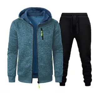 Detailed view of men's blue jacquard knit hooded jacket and black jogger pants set