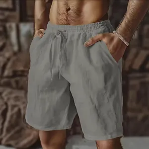 Men's stylish grey breathable cotton linen sports shorts with drawstring waist