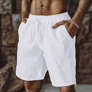 Men's breathable white cotton linen casual shorts with elastic drawstring waist design