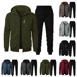 Men Hooded Tracksuit Jacket And Pants Casual Sporty Fleece Lined Heather Hoodie Sweatpants With Neon Zipper Details
