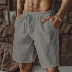 Comfortable men's grey cotton linen casual shorts with adjustable drawstring waist