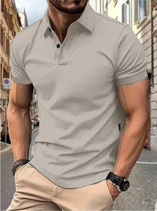 Detail view of a men's slim fit solid color short sleeve polo shirt in light beige.