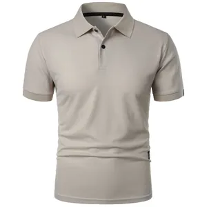 Close-up of a men's slim-fit khaki polo shirt featuring textured pique fabric.