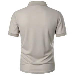 Detailed back view of a high-quality men's slim fit solid beige summer polo shirt