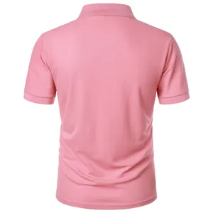 Back view of a slim-fit pink polo shirt for men featuring premium pique cotton texture.