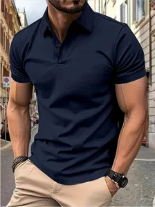 Detail showing a men's navy blue slim fit short sleeve polo shirt in street style