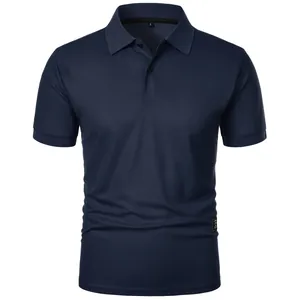Front view of a navy blue men's short-sleeve slim fit polo shirt on a white background