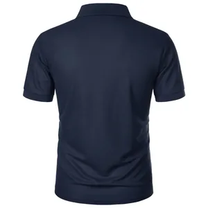 Back view of a classic navy blue men's short-sleeved polo shirt in slim fit style.