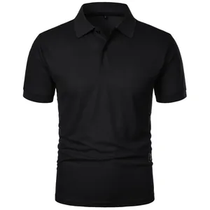 Macro view of a classic black men's slim fit short sleeve polo shirt with buttons