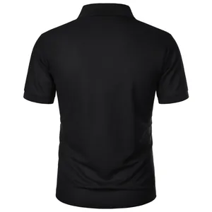Detailed back view of a classic black men's short-sleeved polo shirt with a slim fit
