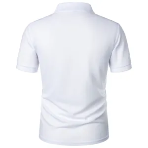Back view of a white slim-fit men's short-sleeved polo shirt showing pique fabric texture