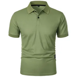 Close-up of olive green slim fit polo shirt featuring a classic three-button placket