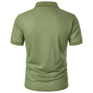 Back view of a men's slim fit olive green short-sleeved polo shirt on white background