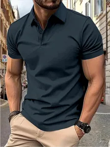 Detail view of a men's slim fit navy short sleeve polo shirt in a street setting