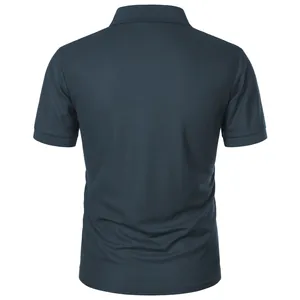Back view of a men's slim fit dark teal short-sleeved solid color polo shirt style.