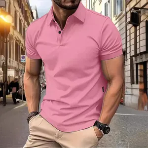 Men's slim fit solid pink short sleeve polo shirt for casual summer street fashion