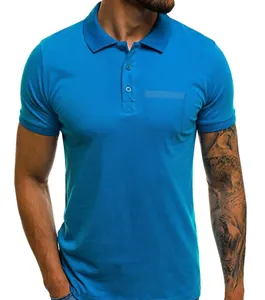 Close-up view of a men's solid blue short sleeve polo shirt with a classic collar