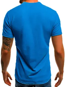 Rear view of vibrant blue men's short-sleeved casual cotton blend T-shirt on model